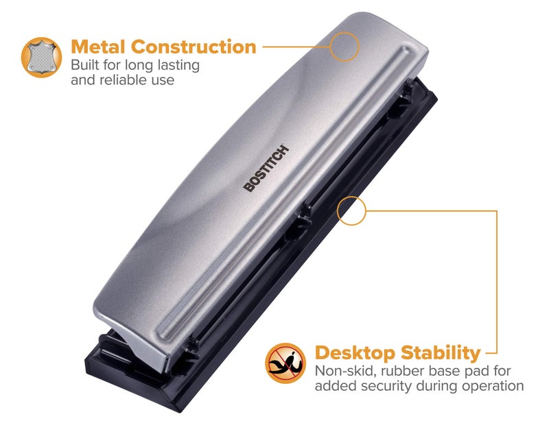 Bostitch Office Premium 3 Hole Punch, 12 Sheet Capacity, Metal, Rubber Base, Easy-Clean Tray, Silver, 2-Pack - Image 4